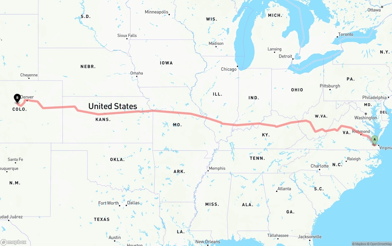 Shipping route from Port of Norfolk to Colorado
