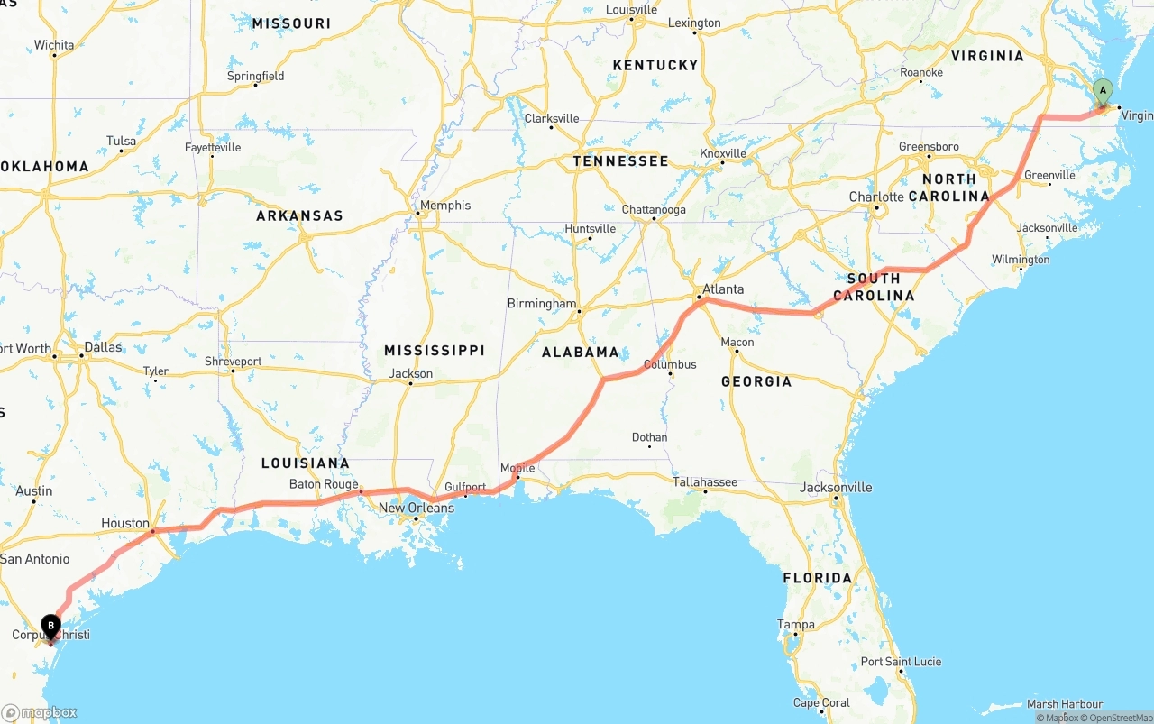 Shipping route from Port of Norfolk to Corpus Christi
