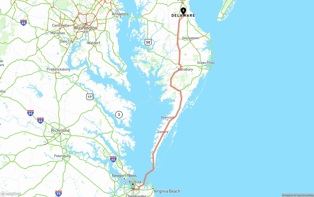 Shipping route from Port of Norfolk to Delaware