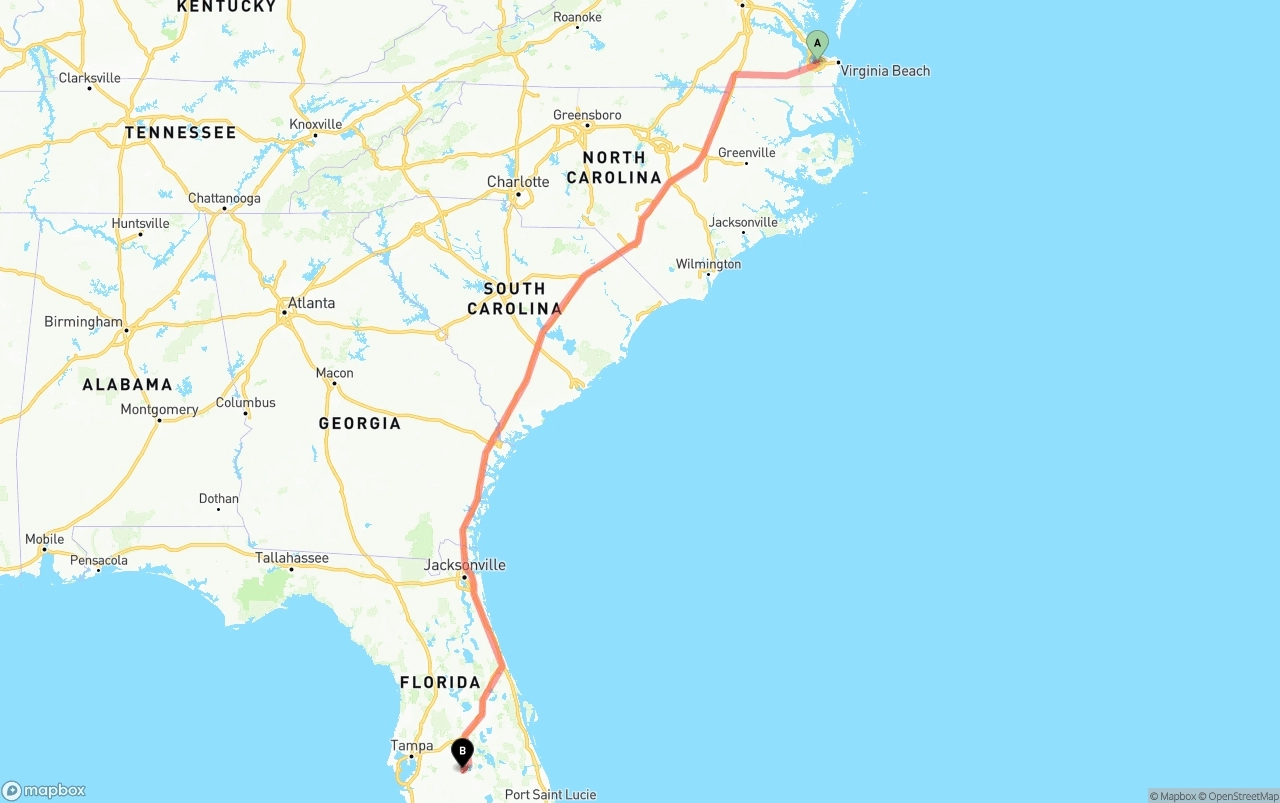 Shipping route from Port of Norfolk to Florida