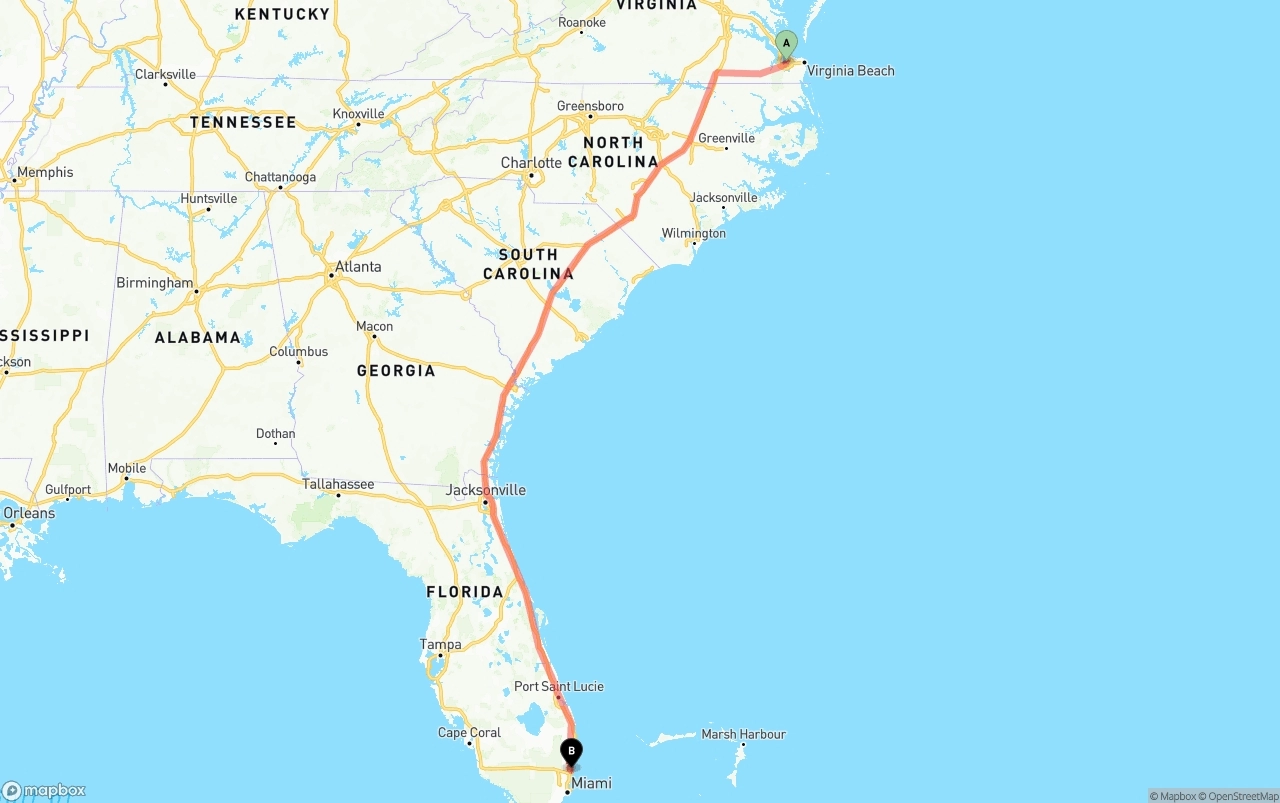 Shipping route from Port of Norfolk to Ft. Lauderdale