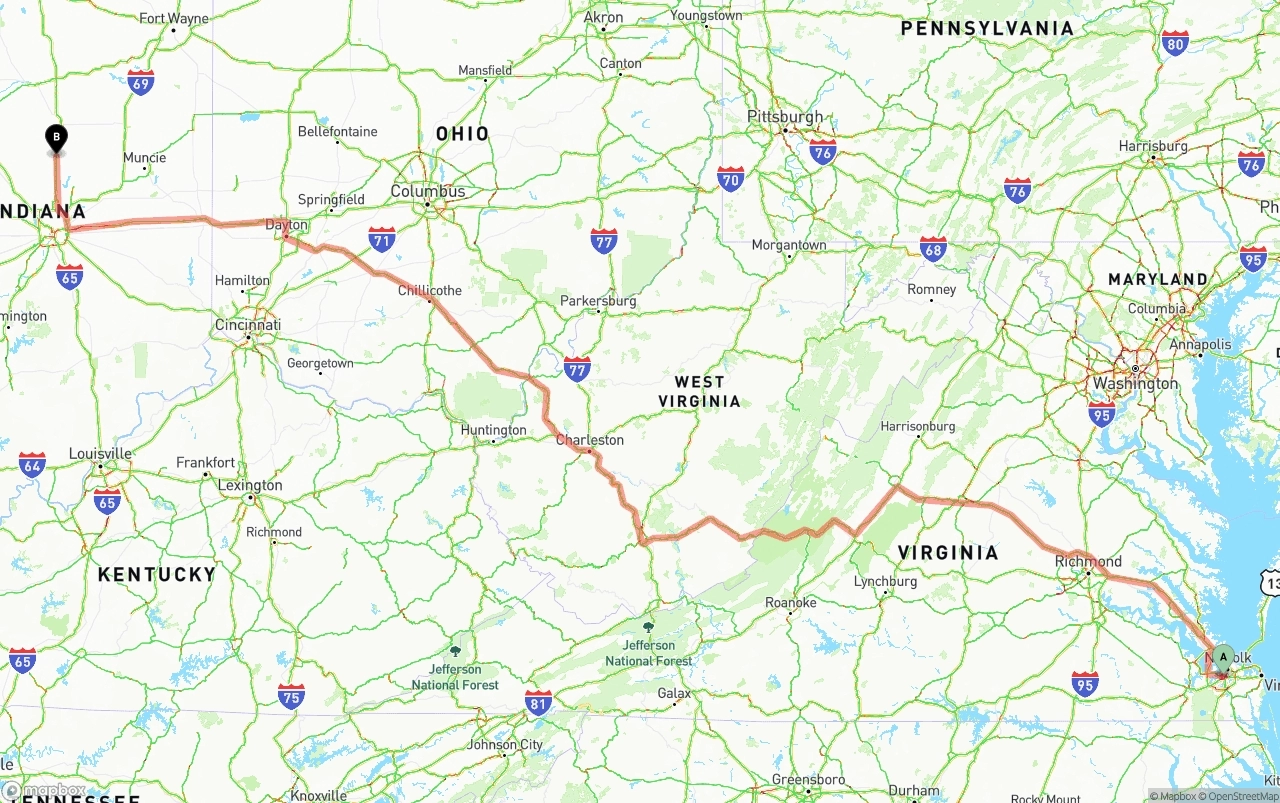 Shipping route from Port of Norfolk to Indiana