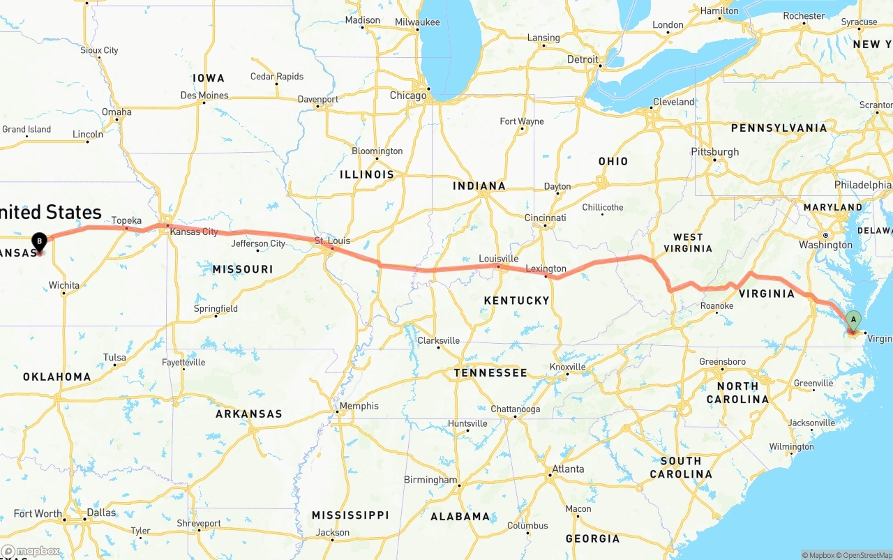 Shipping route from Port of Norfolk to Kansas