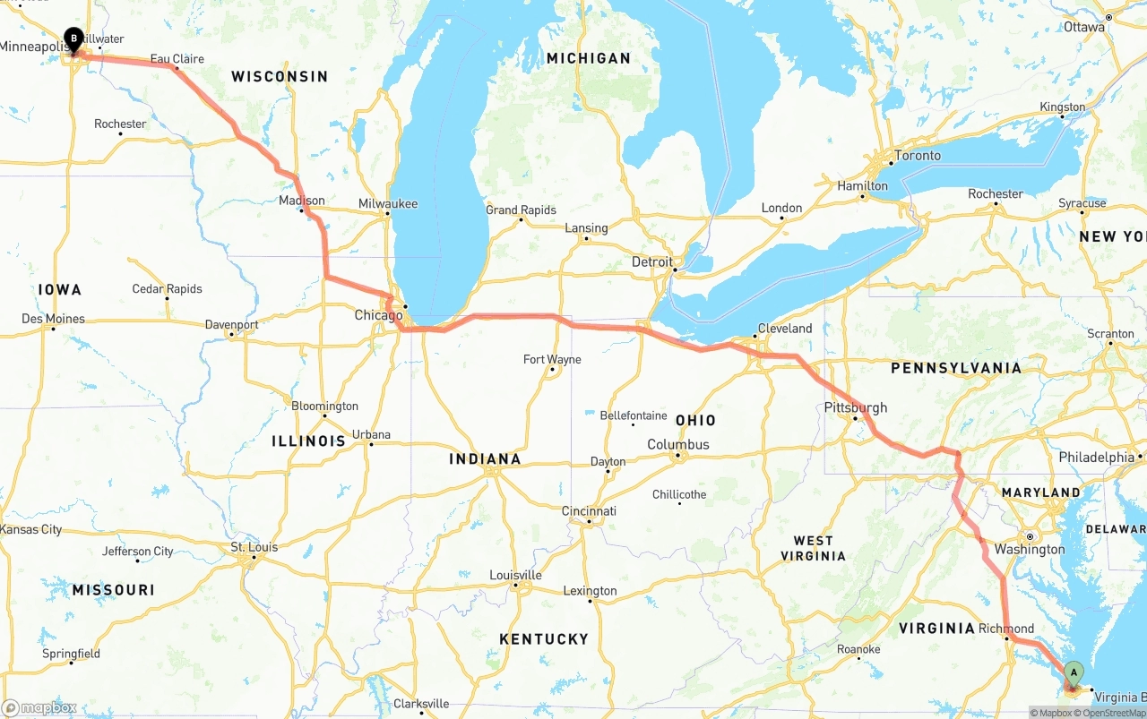 Shipping route from Port of Norfolk to Minneapolis