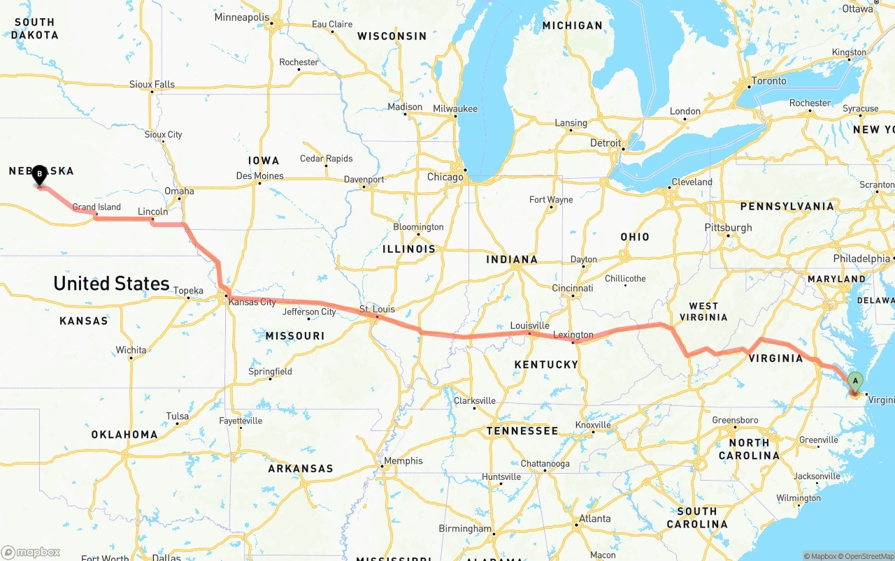 Shipping route from Port of Norfolk to Nebraska