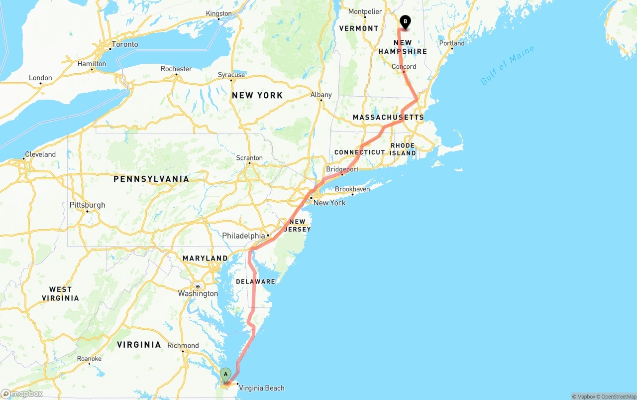 Shipping route from Port of Norfolk to New Hampshire