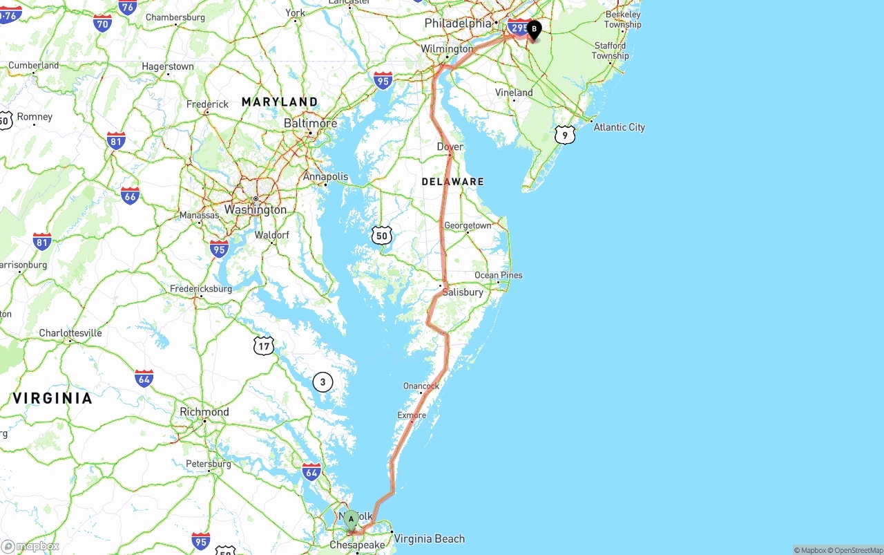 Shipping route from Port of Norfolk to New Jersey