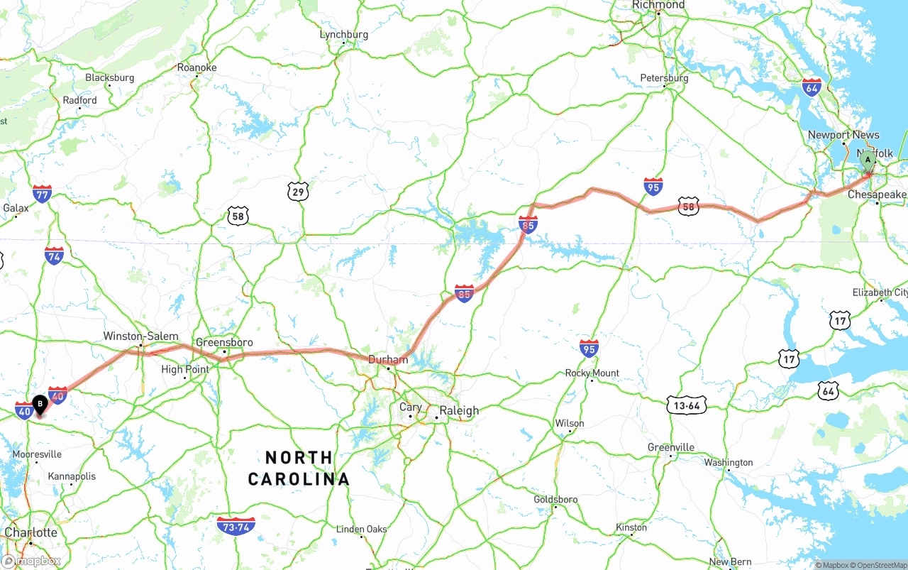Shipping route from Port of Norfolk to North Carolina