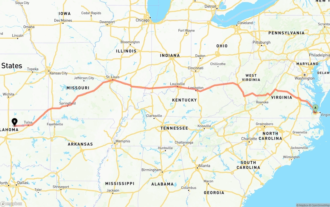 Shipping route from Port of Norfolk to Oklahoma