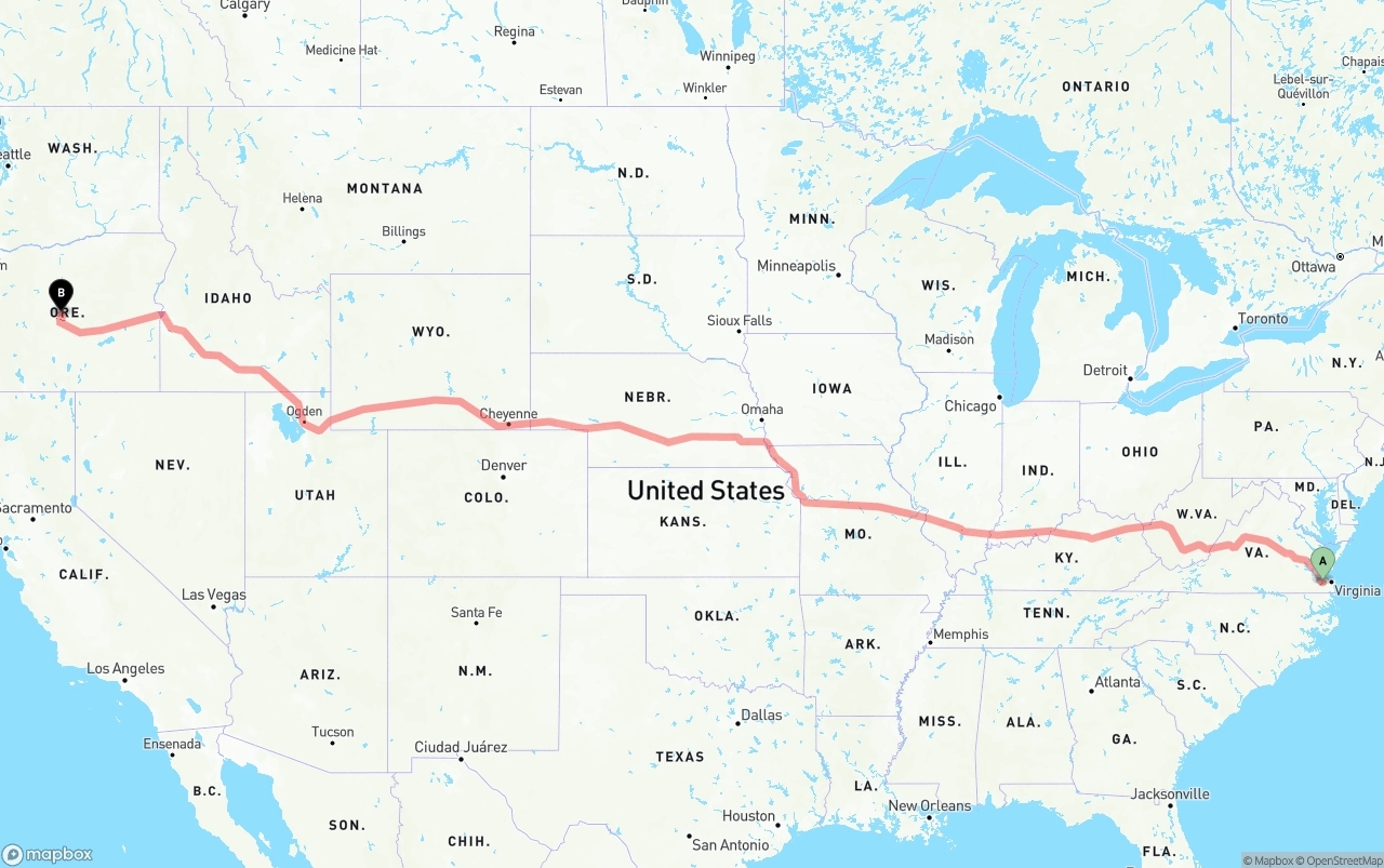 Shipping route from Port of Norfolk to Oregon
