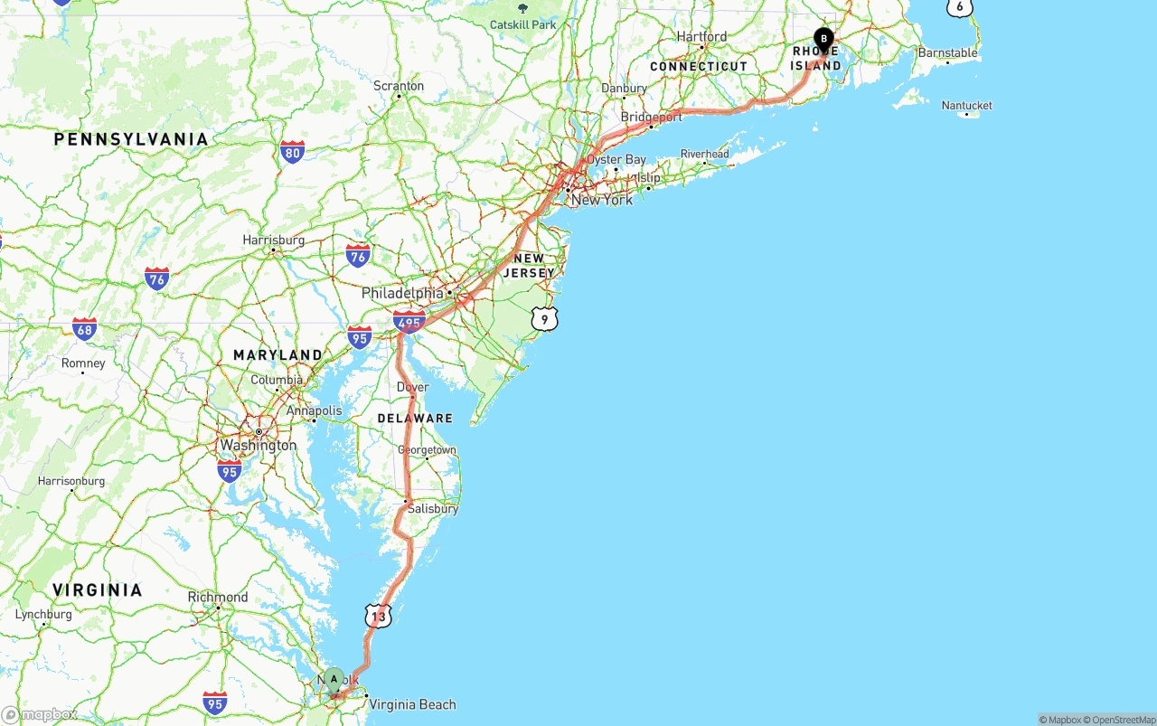 Shipping route from Port of Norfolk to Rhode Island
