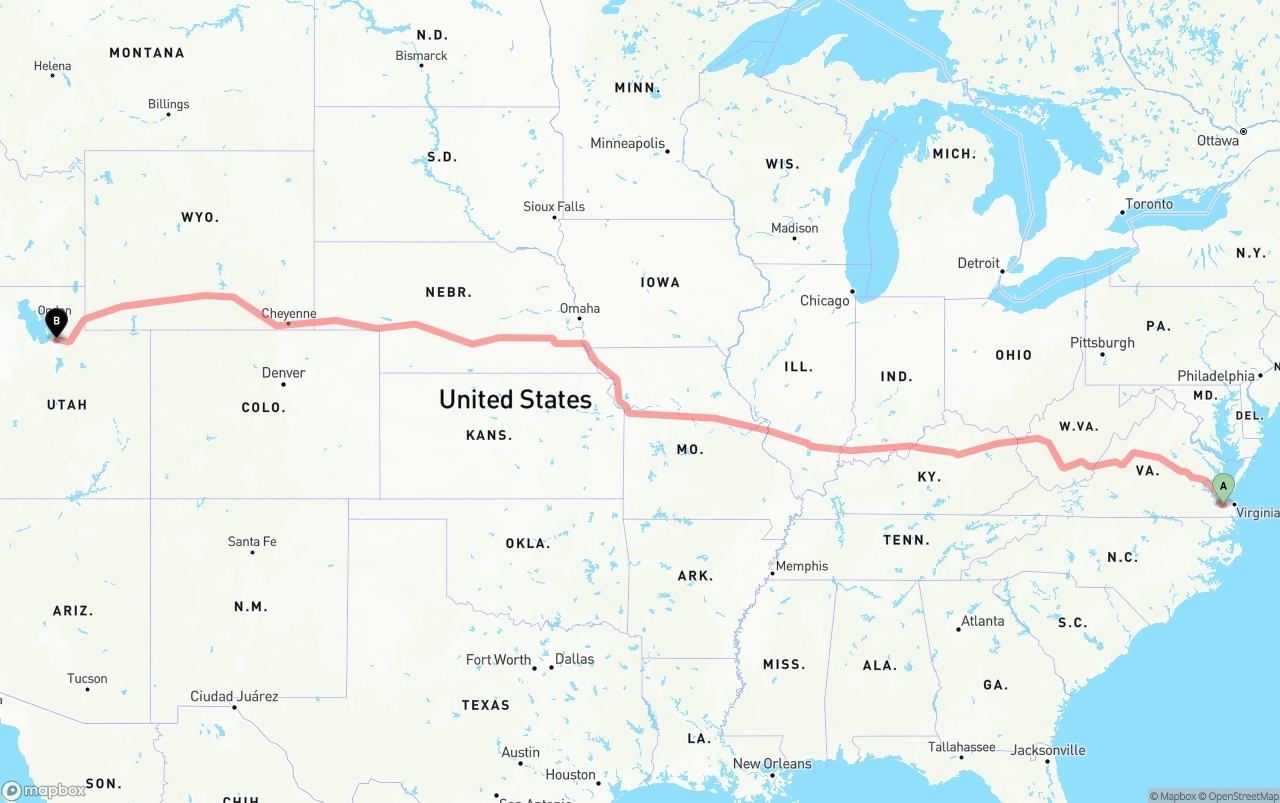Shipping route from Port of Norfolk to Salt Lake City