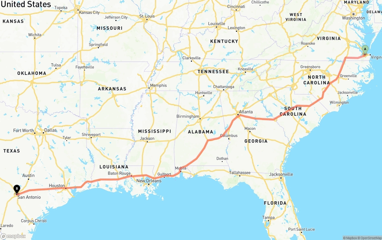 Shipping route from Port of Norfolk to San Antonio