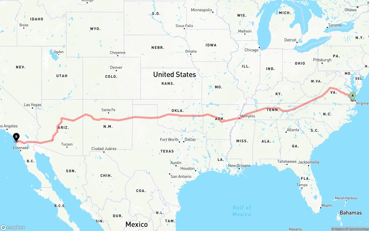 Shipping route from Port of Norfolk to San Diego