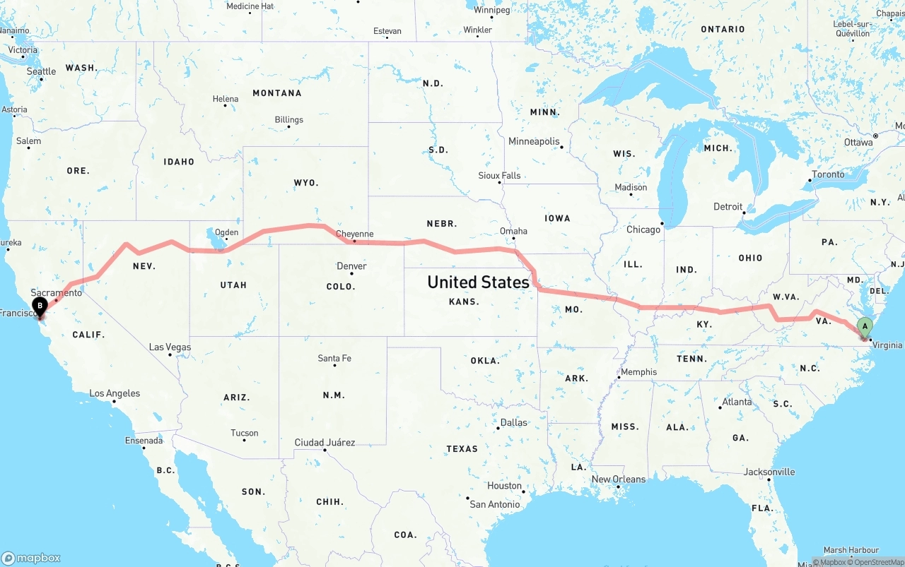 Shipping route from Port of Norfolk to San Francisco
