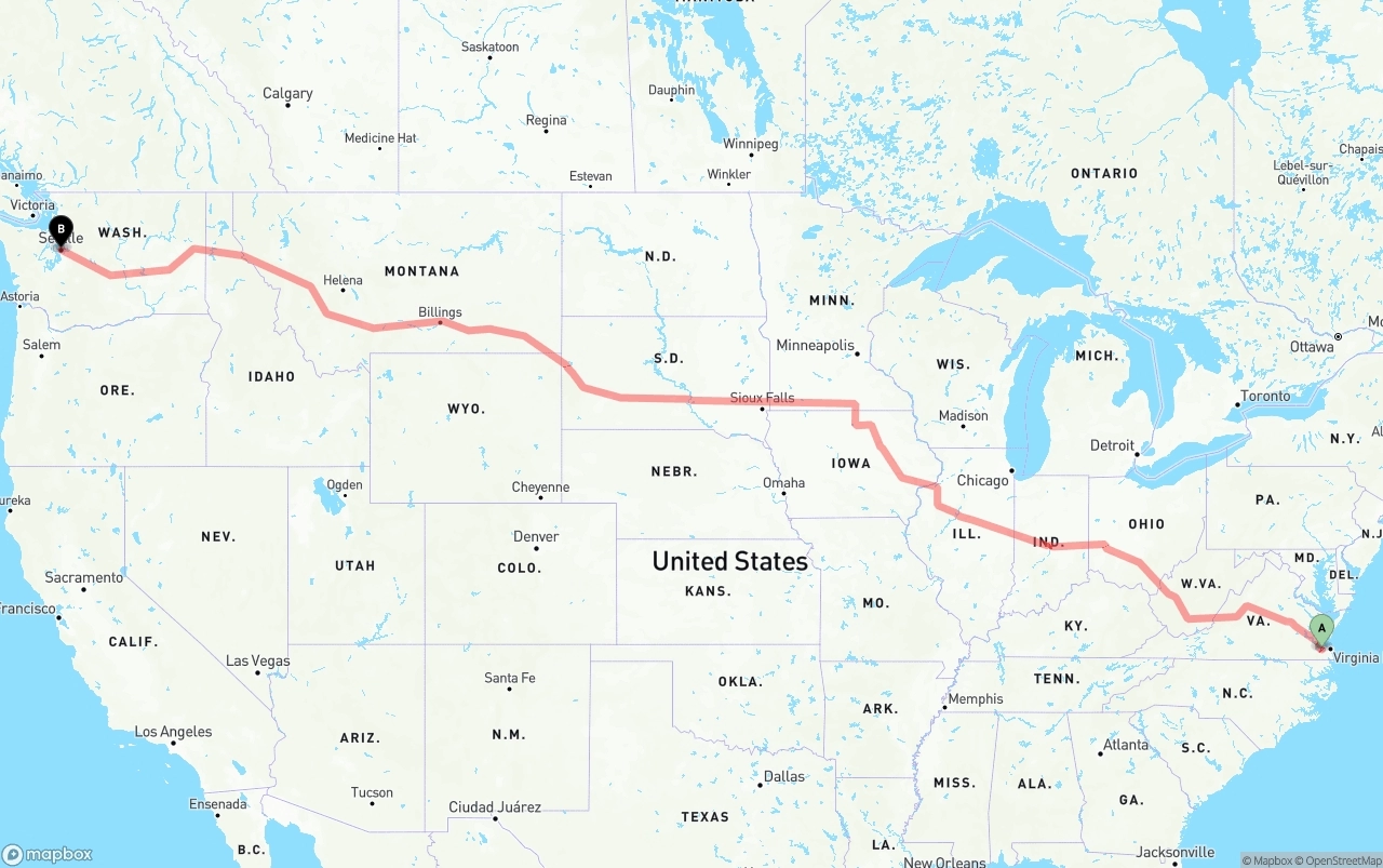 Shipping route from Port of Norfolk to Seattle