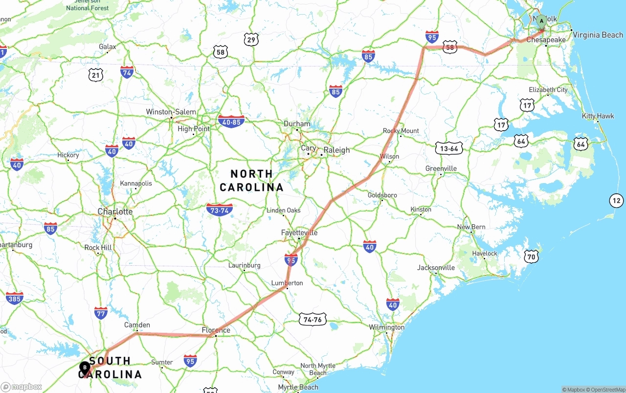 Shipping route from Port of Norfolk to South Carolina