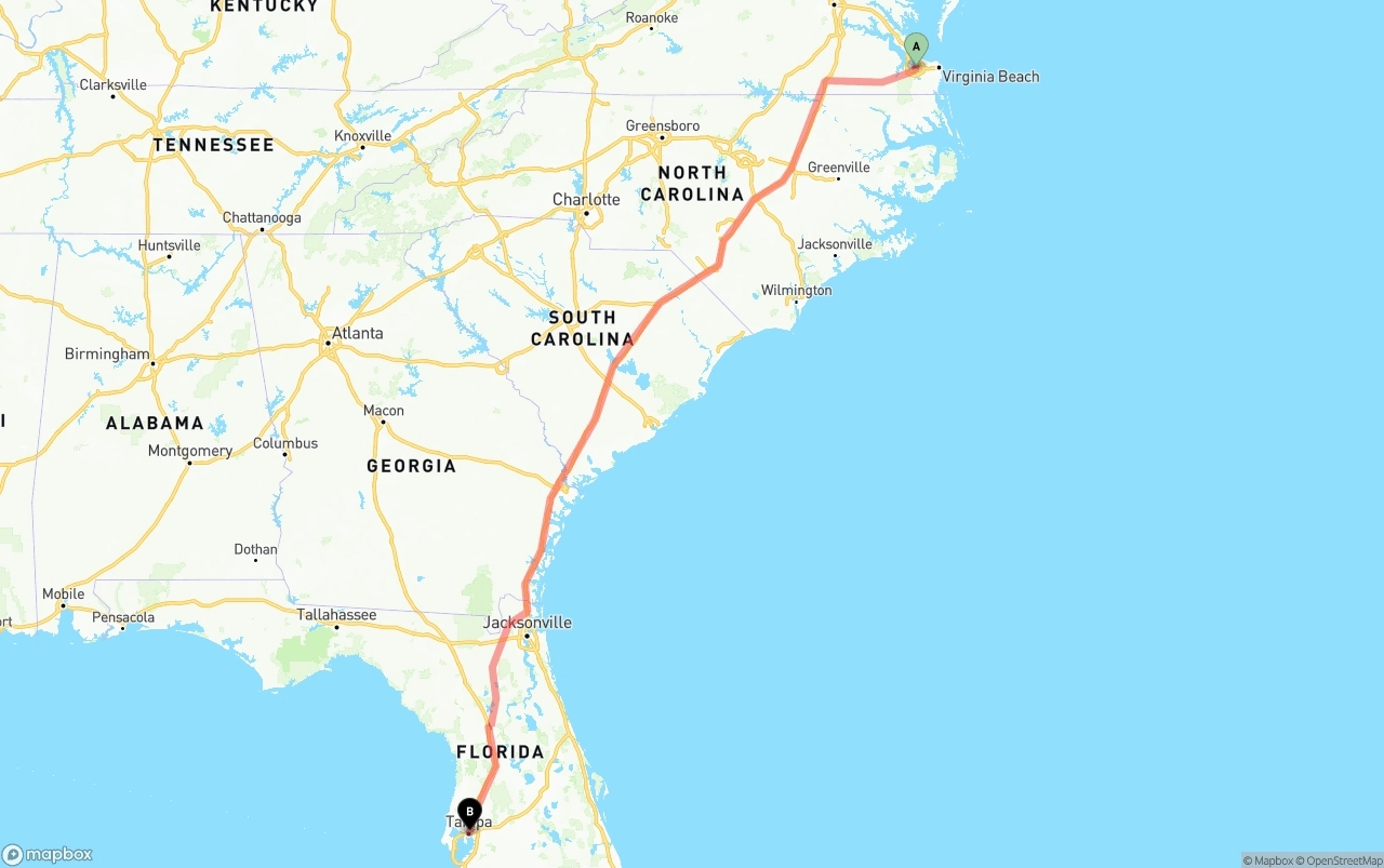 Shipping route from Port of Norfolk to Tampa