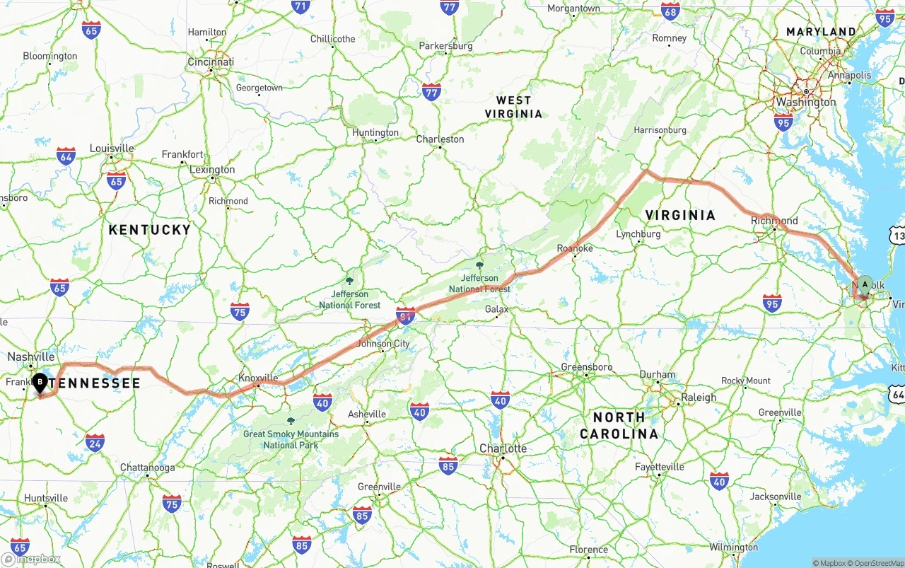 Shipping route from Port of Norfolk to Tennessee
