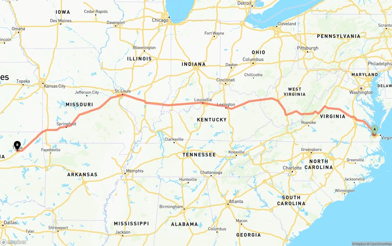 Shipping route from Port of Norfolk to Tulsa