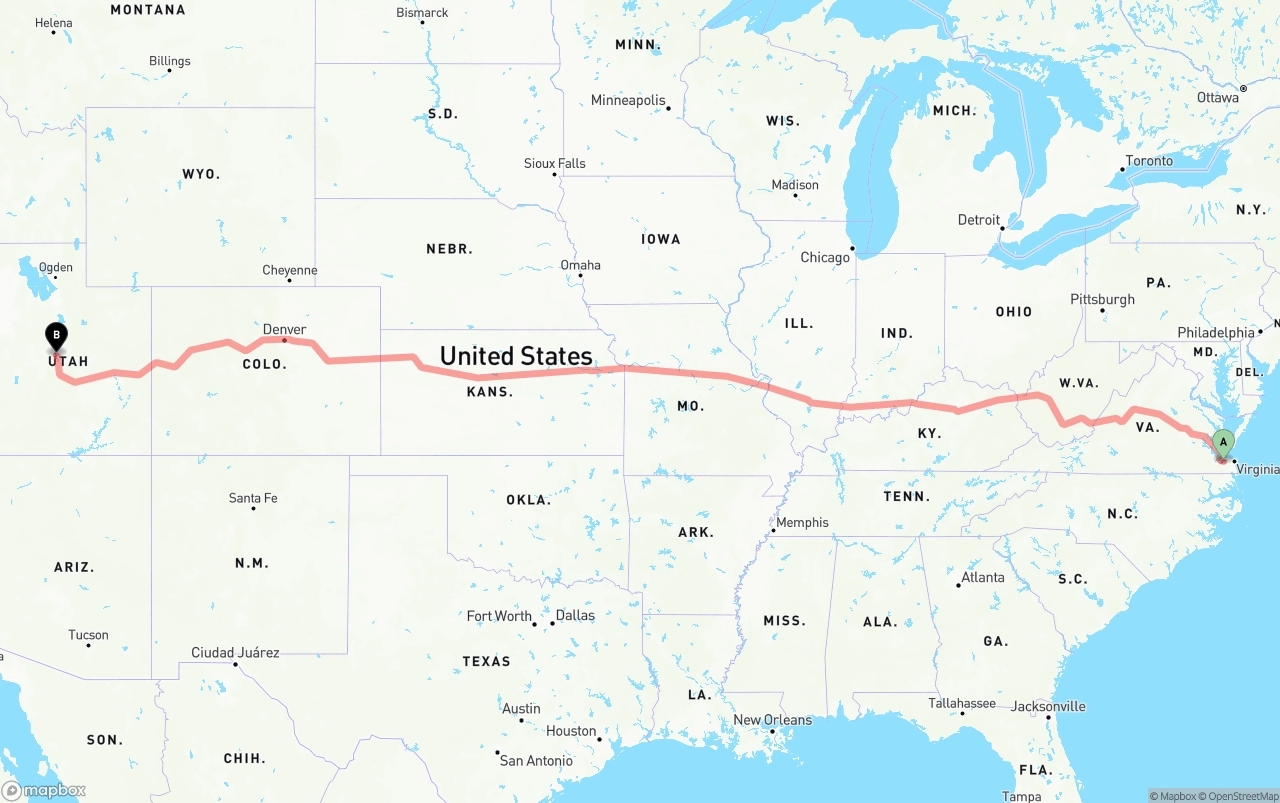Shipping route from Port of Norfolk to Utah