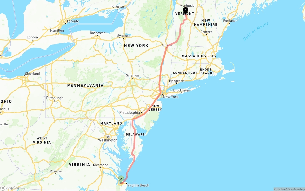 Shipping route from Port of Norfolk to Vermont