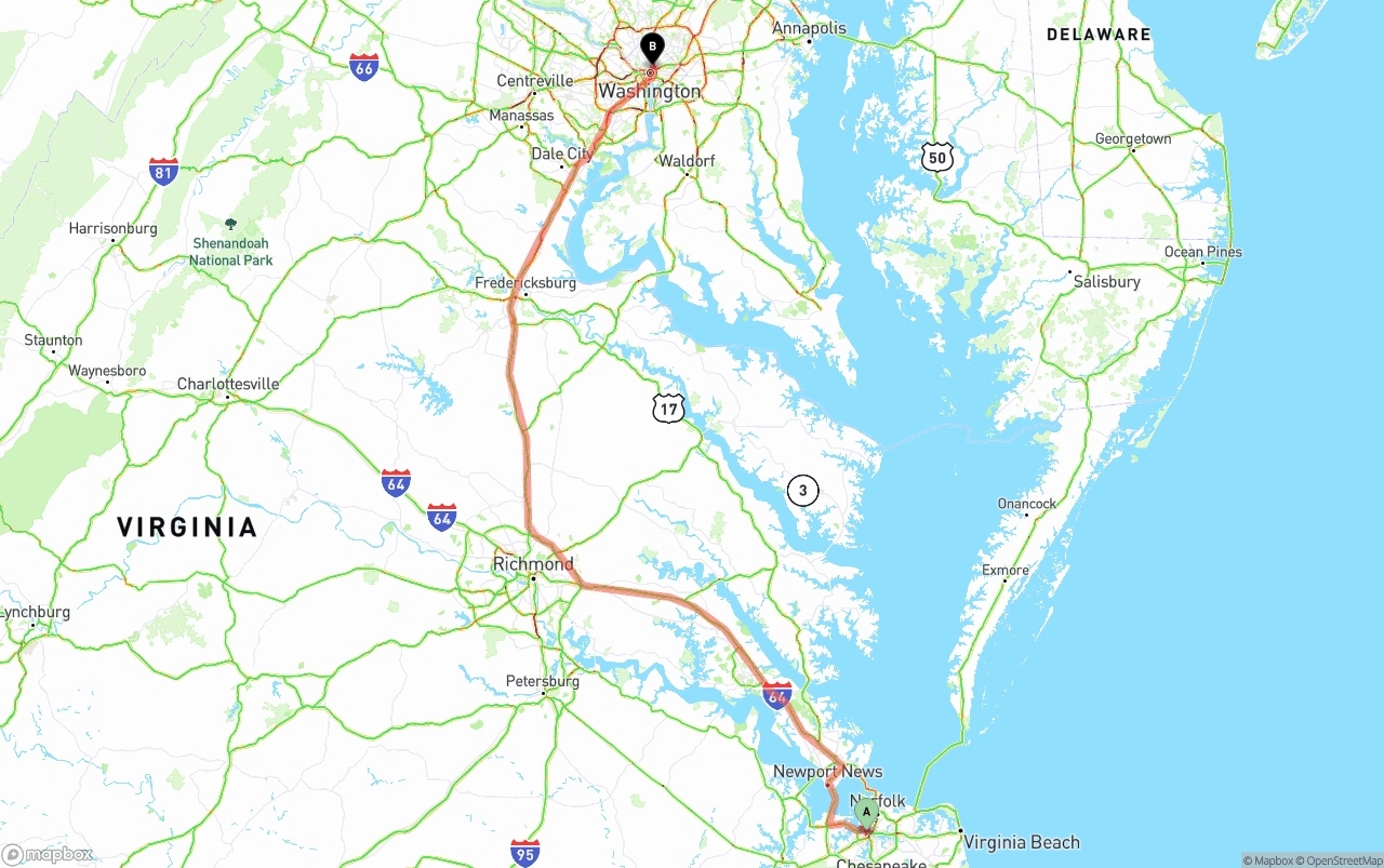 Shipping route from Port of Norfolk to Washington D.C.