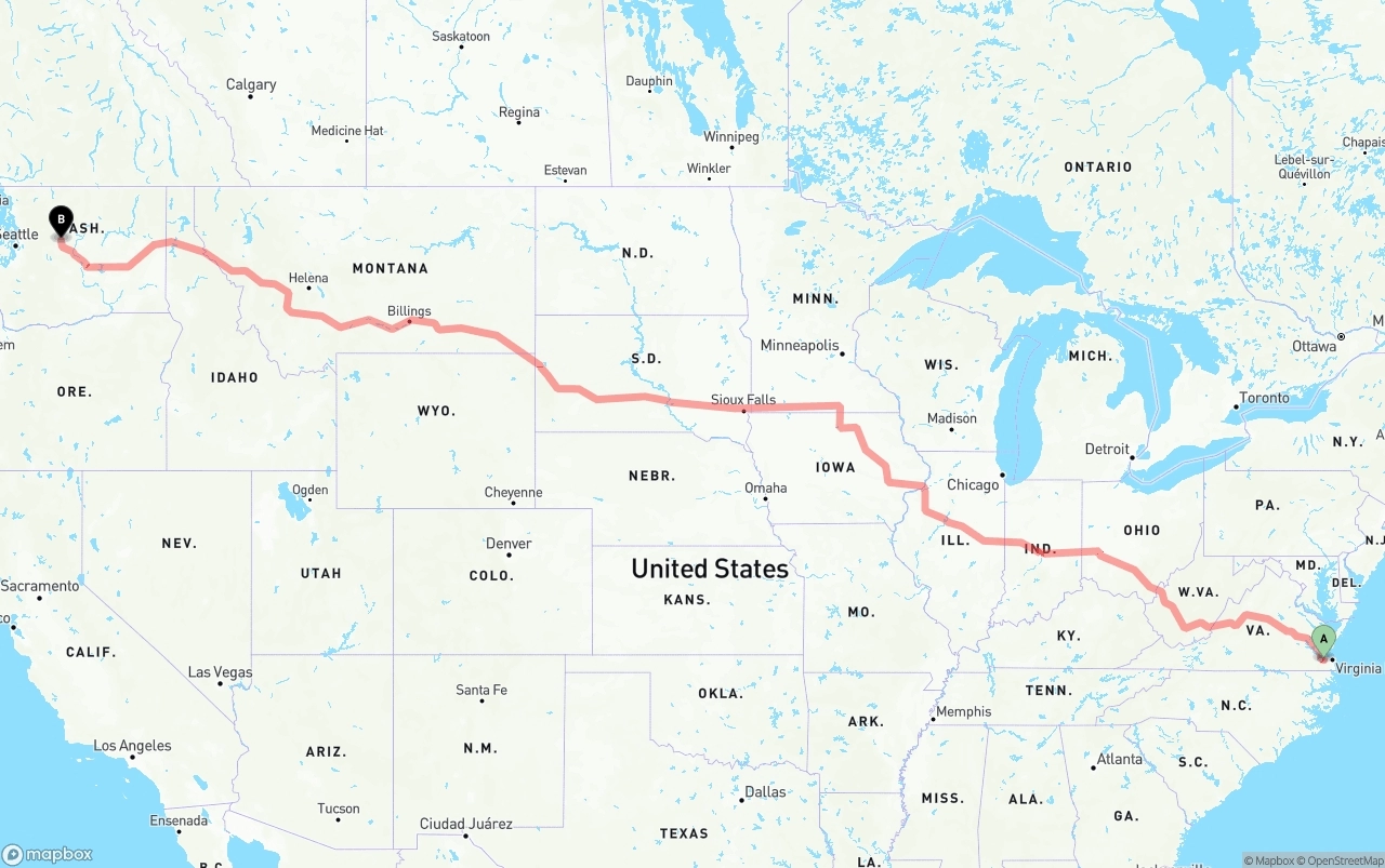 Shipping route from Port of Norfolk to Washington