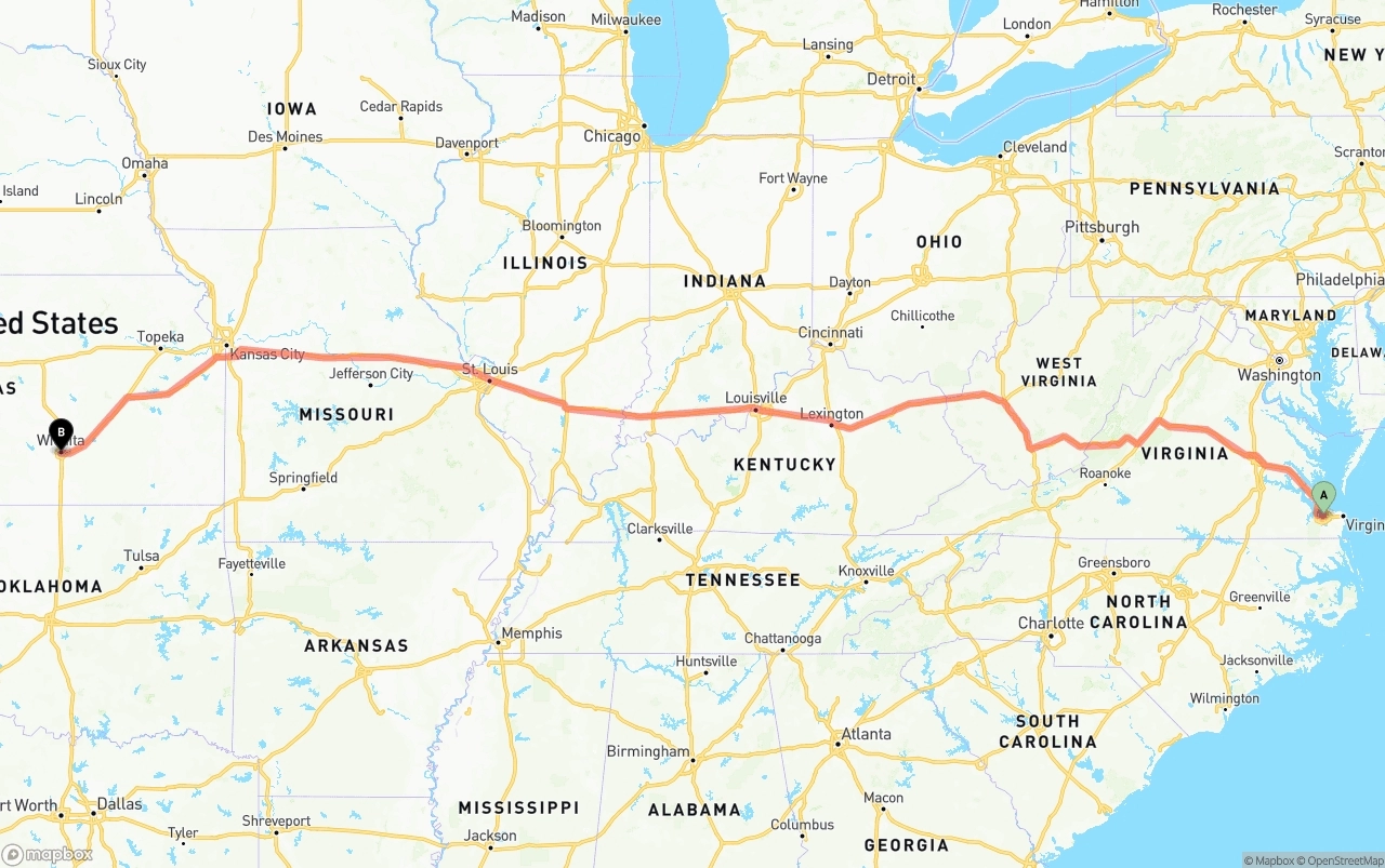 Shipping route from Port of Norfolk to Wichita