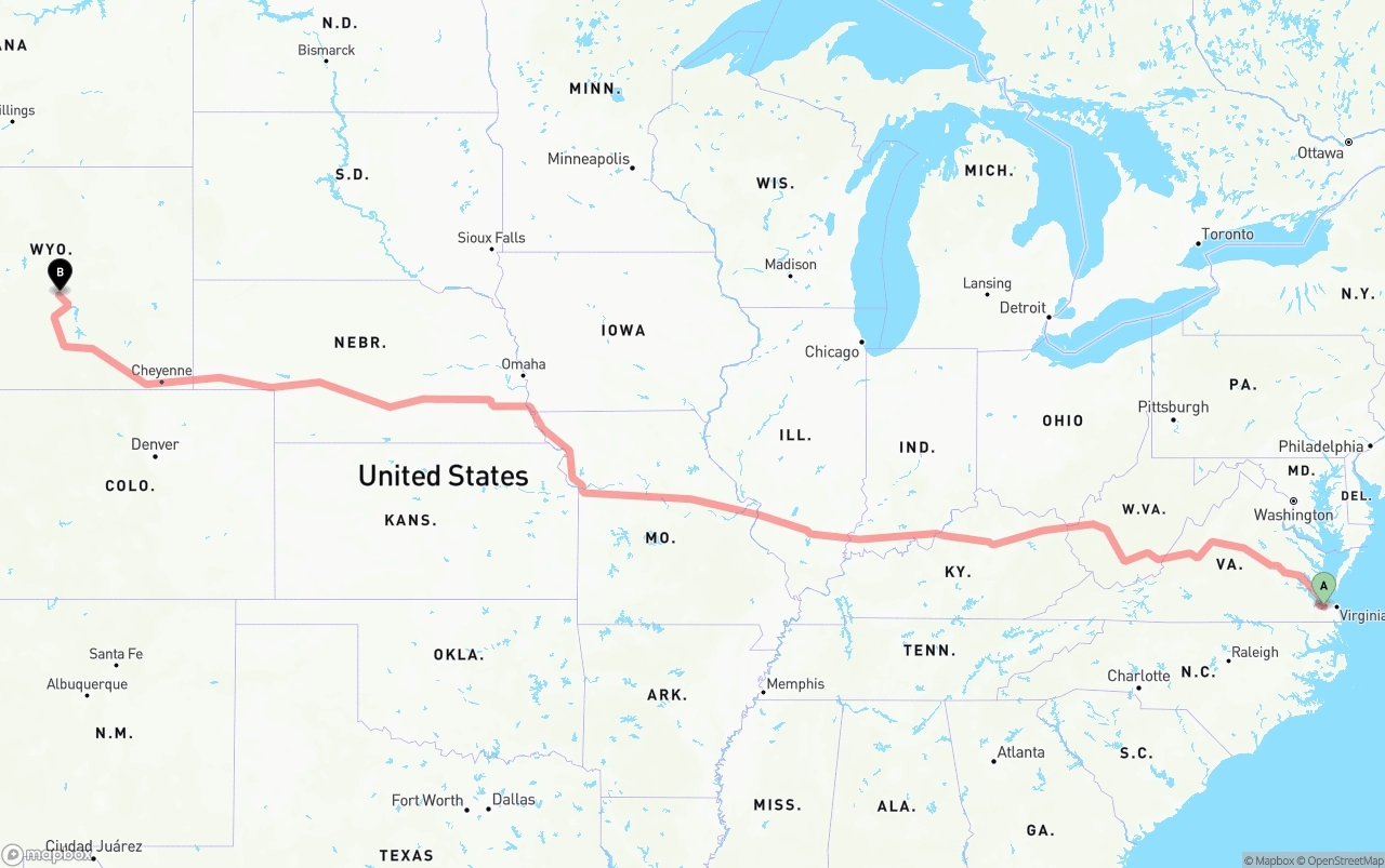 Shipping route from Port of Norfolk to Wyoming