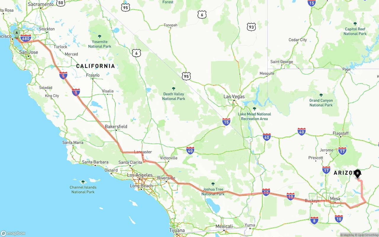 Shipping route from Port of Oakland to Arizona