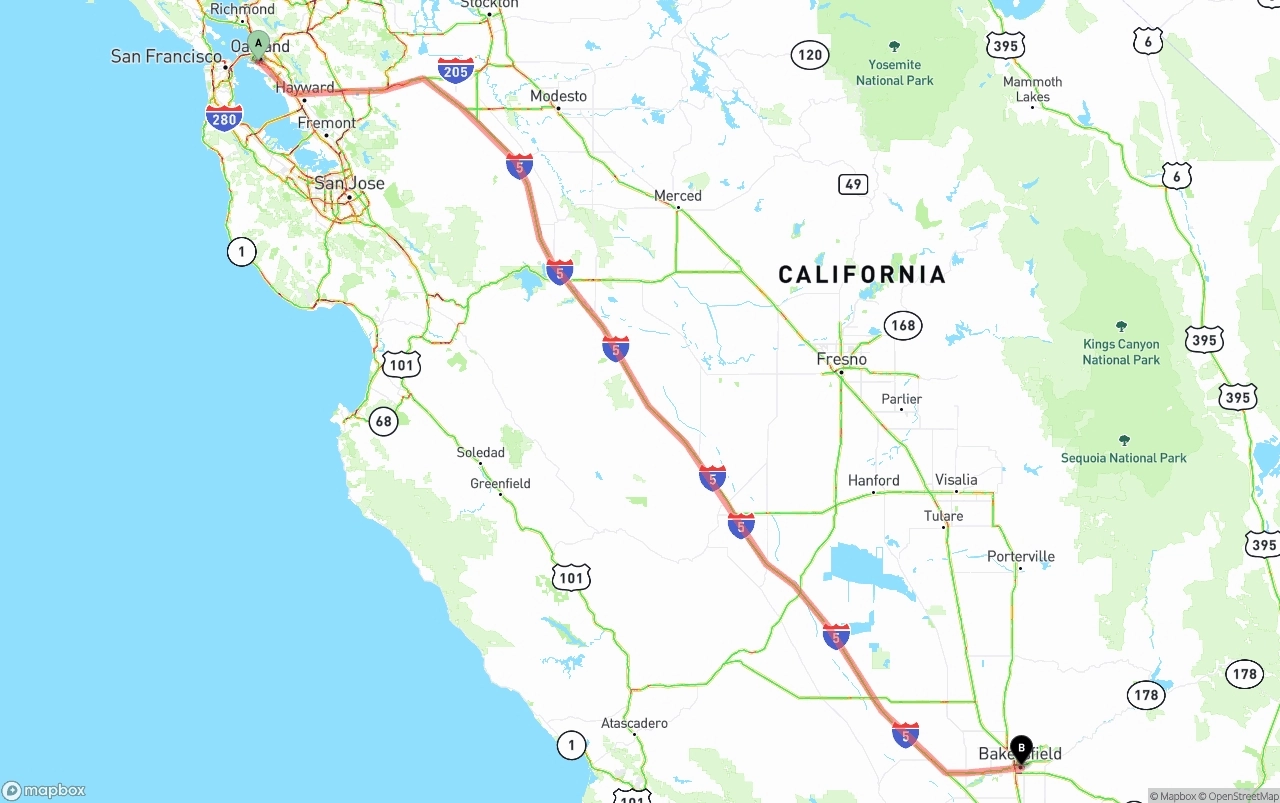 Shipping route from Port of Oakland to Bakersfield