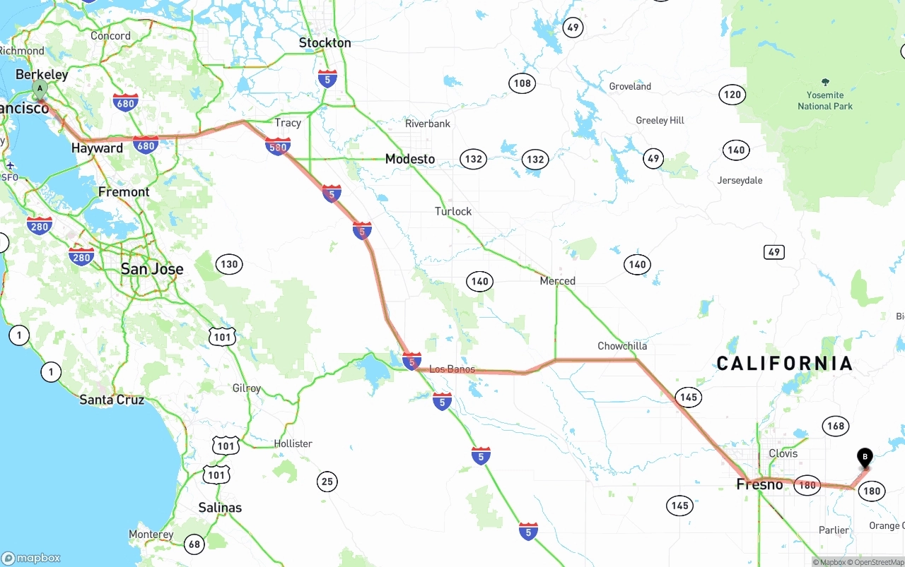 Shipping route from Port of Oakland to California
