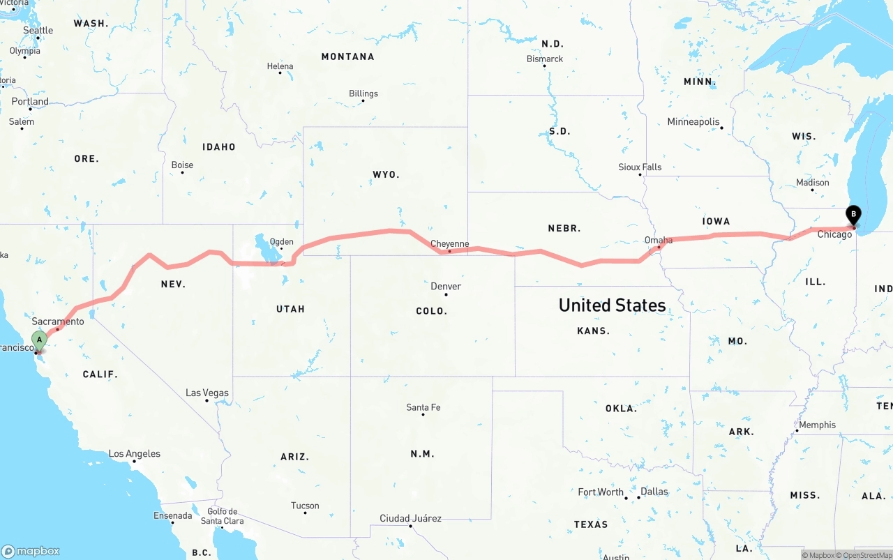 Shipping route from Port of Oakland to Chicago