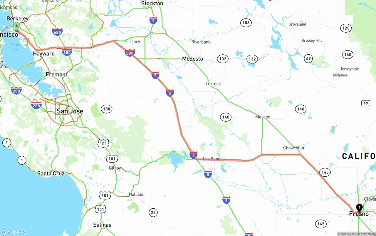 Shipping route from Port of Oakland to Fresno