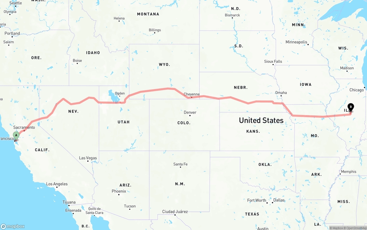 Shipping route from Port of Oakland to Illinois