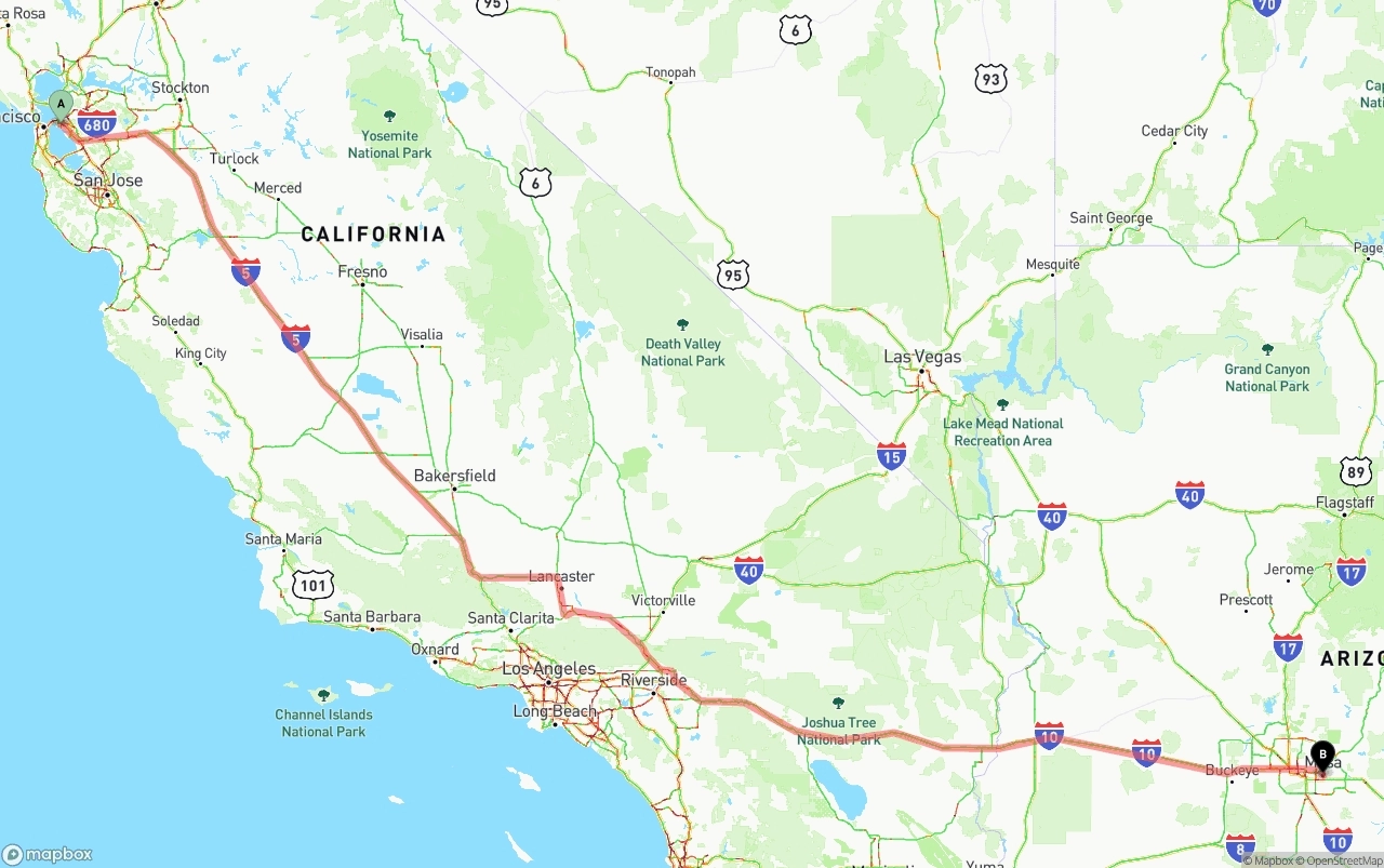 Shipping route from Port of Oakland to Mesa