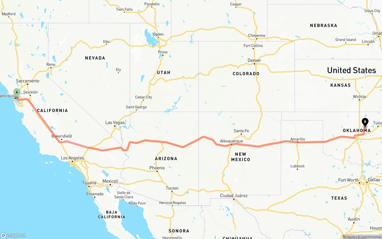Shipping route from Port of Oakland to Oklahoma