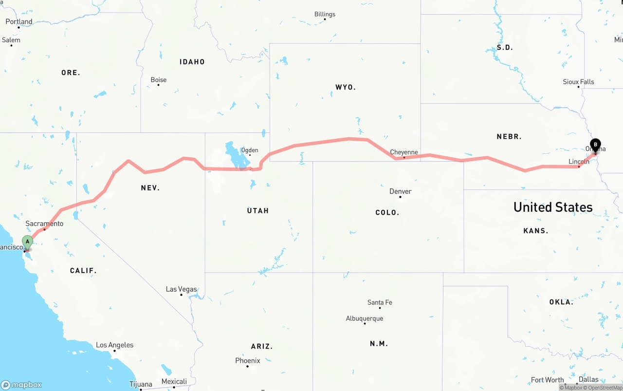 Shipping route from Port of Oakland to Omaha