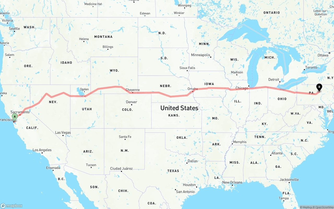 Shipping route from Port of Oakland to Pennsylvania