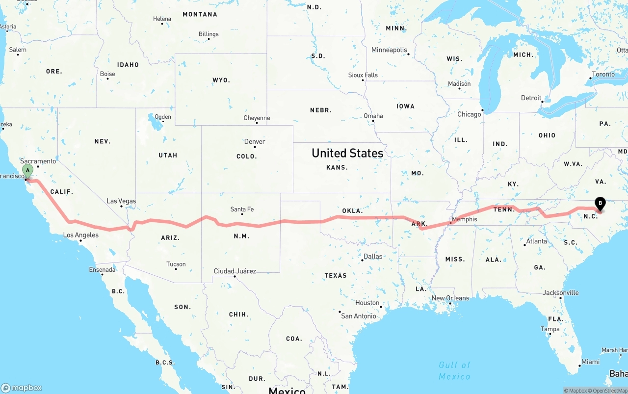 Shipping route from Port of Oakland to Raleigh