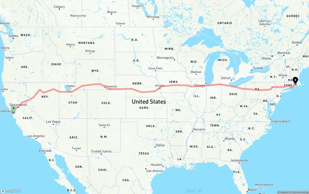 Shipping route from Port of Oakland to Rhode Island