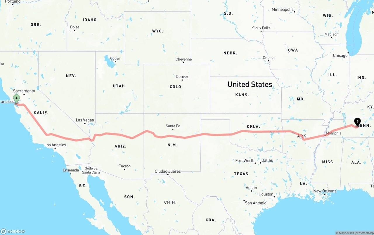 Shipping route from Port of Oakland to Tennessee