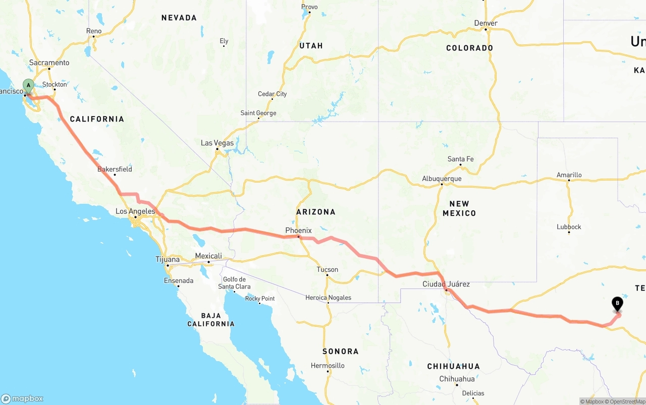 Shipping route from Port of Oakland to Texas