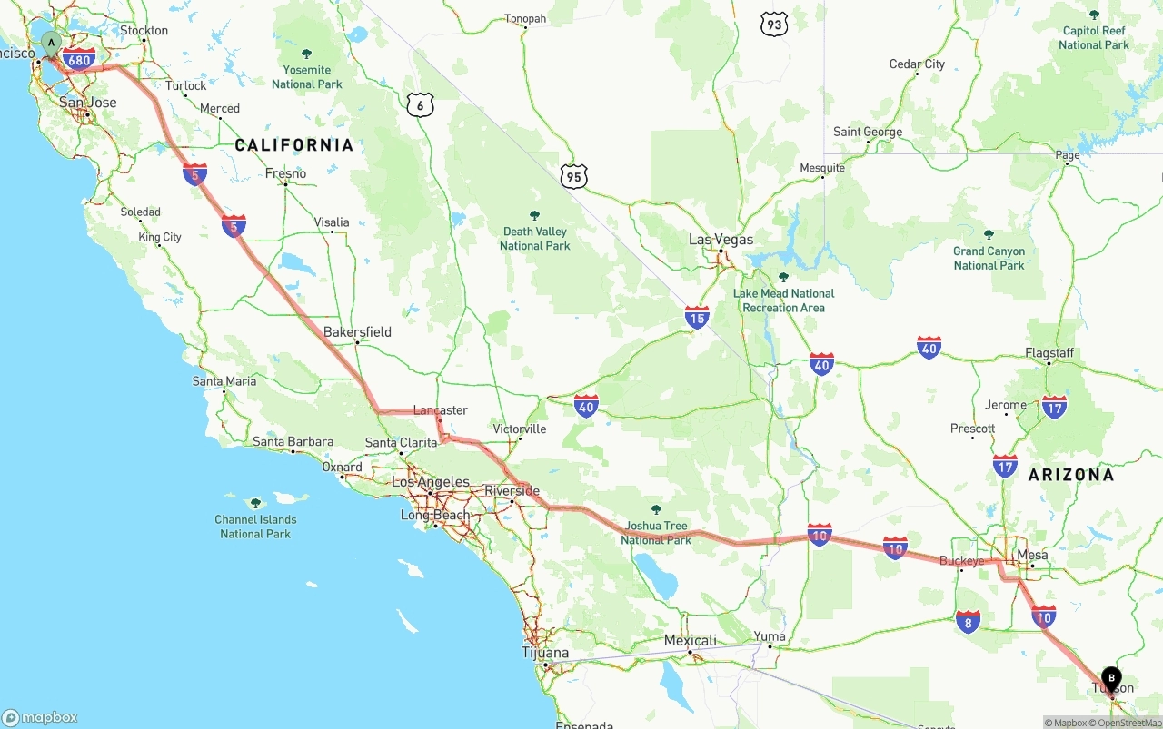 Shipping route from Port of Oakland to Tucson