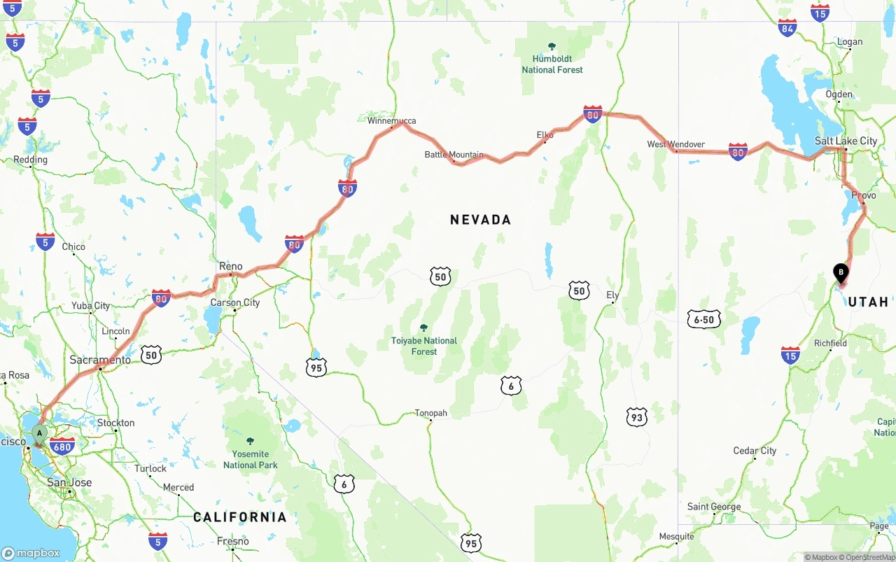 Shipping route from Port of Oakland to Utah