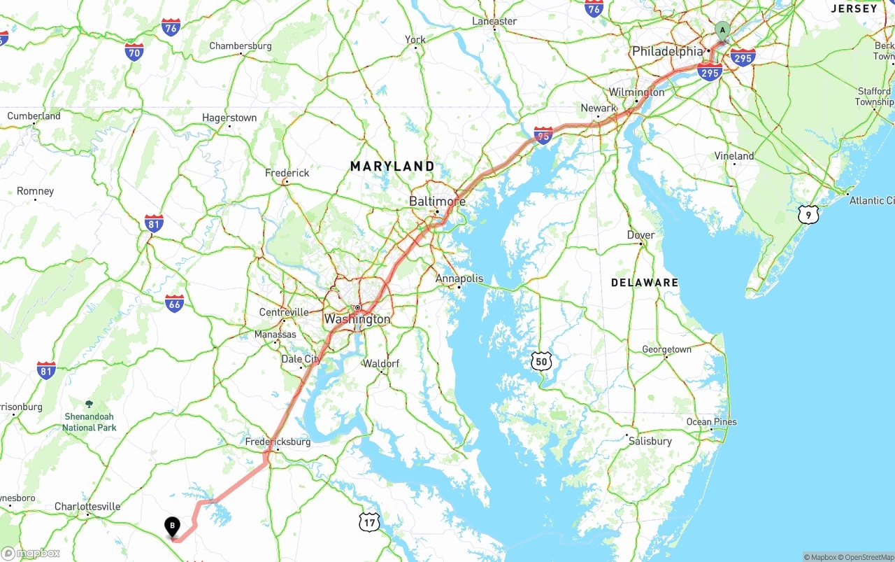Shipping route from Port of Philadelphia to Virginia