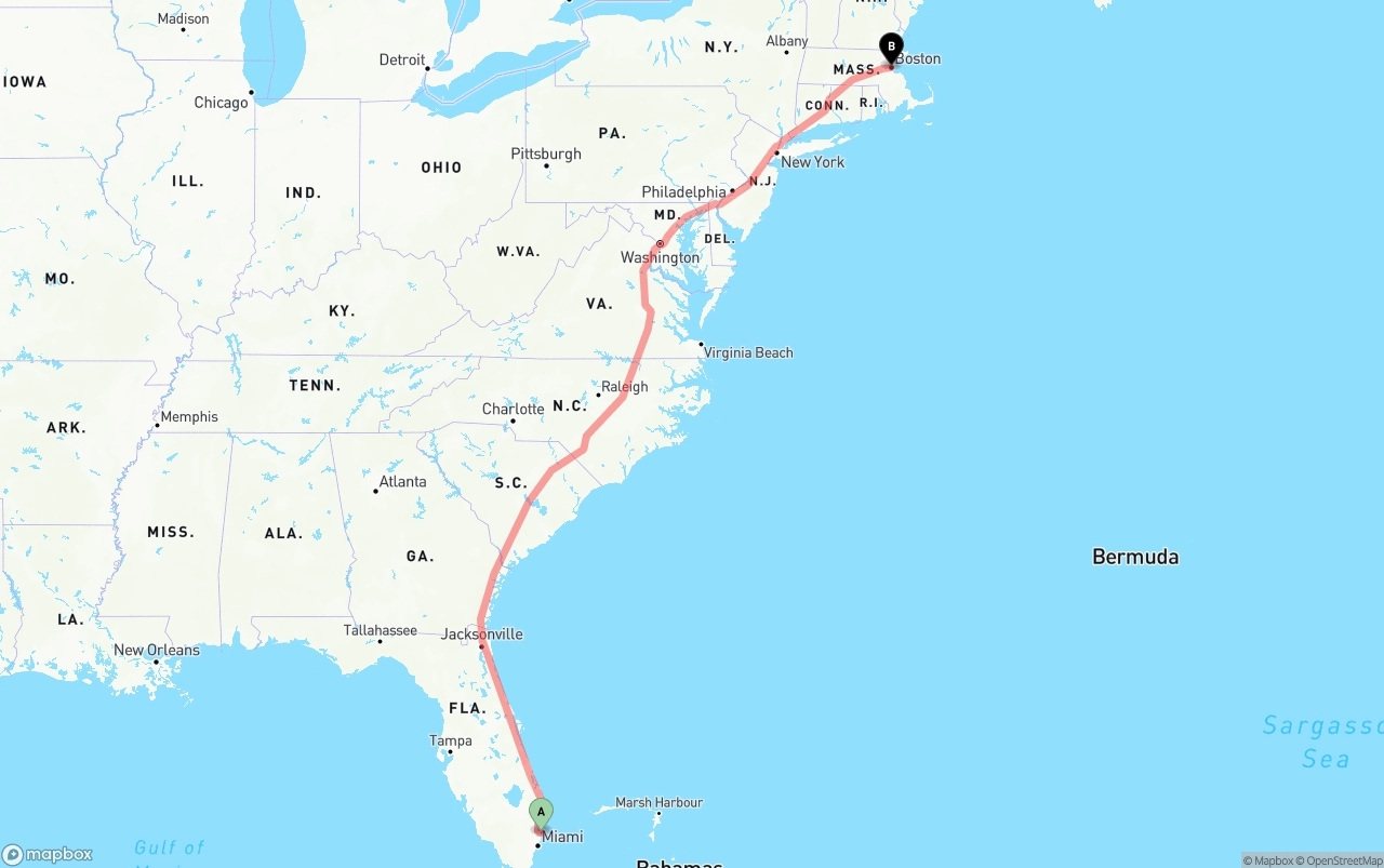 Shipping route from Port of Port Everglades to Boston