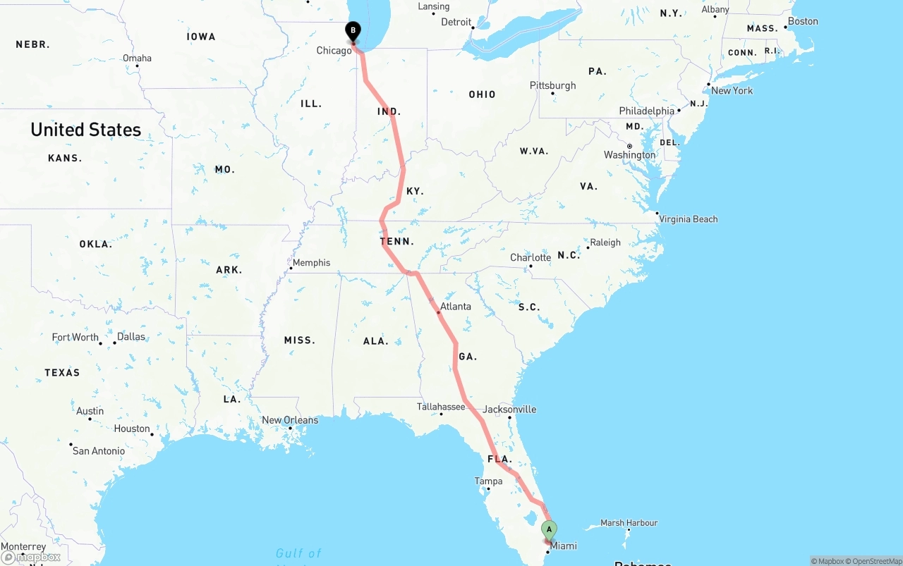 Shipping route from Port of Port Everglades to Chicago