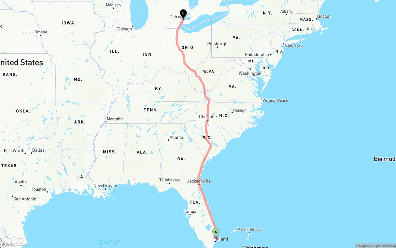 Shipping route from Port of Port Everglades to Detroit